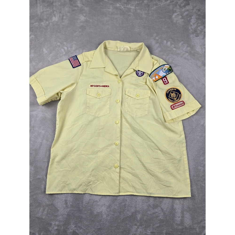 Vintage Boy Scouts of America Shirt Blouse Women XL Yellow Short Sleeve Patches